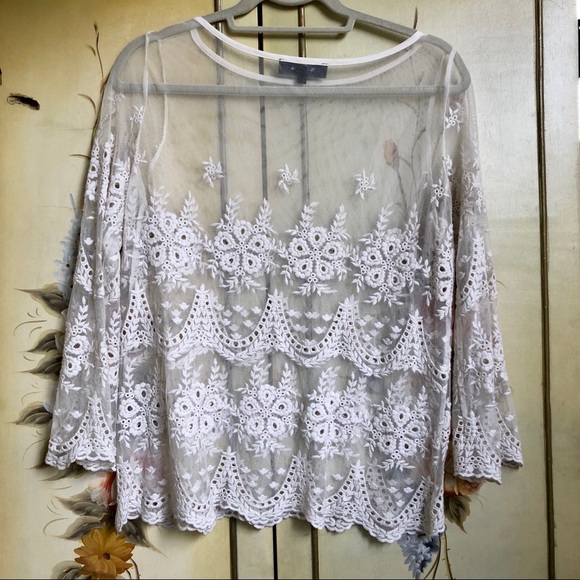 Karen Kane Tops - Karen Kane Sheer Embroidered Top Off White